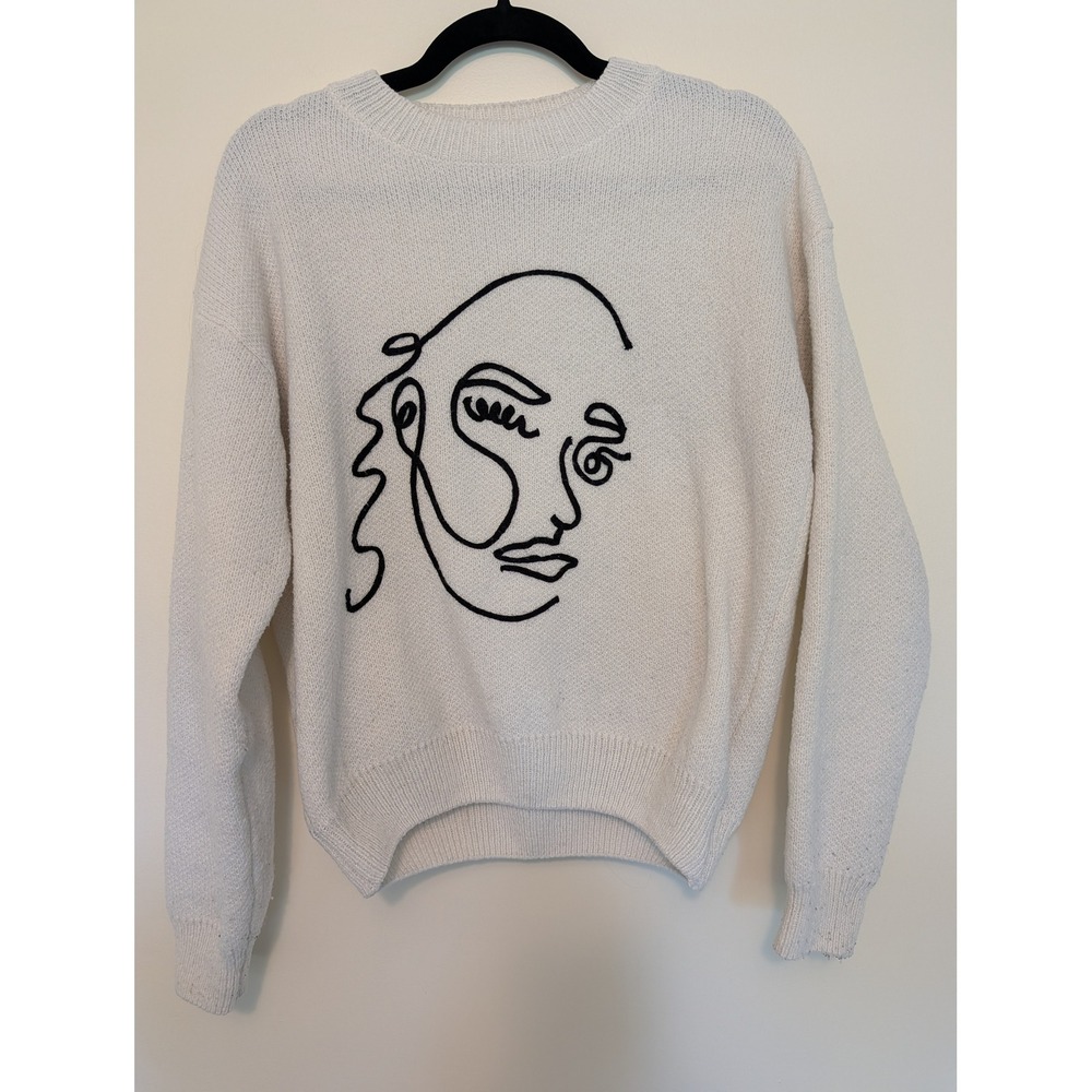 LE LIS Womens Abstract Face Line Art Crewneck Knit Sweater XS White Black Boho